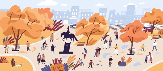 People walking in autumn park flat vector illustration. Citizens strolling in city center recreational area. Fall season nature and outdoor activities. Orange trees and building on horizon landscape.