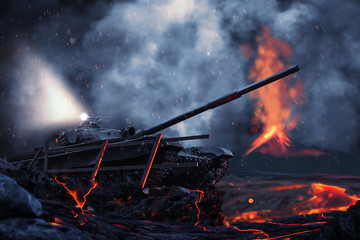 Battle tank on the battlefield against the background of an active volcano © evilinside