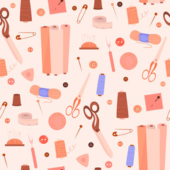 Seamless pattern with sewing tools, threads, scissors, needles. Editable vector illustration.