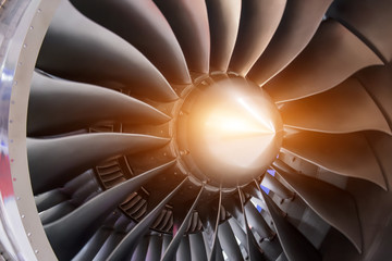 Brilliant engine jet large blades on an airplane turbine.