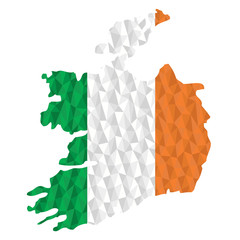 Polygonal flag of Ireland on contour of the country map.  Low poly style vector illustration eps