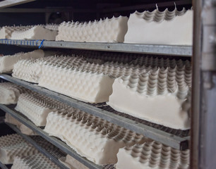 Fototapeta na wymiar row of rubber latex pillow in drying process