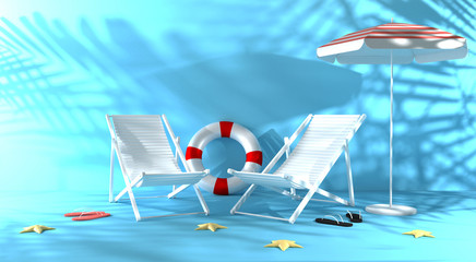 3d rendering summer colored background . A chaise lounge, umbrella, slippers, starfish, inflatable circle with shadow from palm trees. Copy space