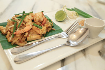 Pad Thai, Thai style stir-fried rice noodles with fresh shrimp. Thailand's traditional dishes.