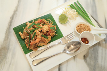 Pad Thai, Thai style stir-fried rice noodles with fresh shrimp. Thailand's traditional dishes.