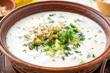 Traditional bulgarian cold summer soup tarator with yogurt, dill, cucumber and walnuts in ceramic bowl on wooden table. Selective focus.