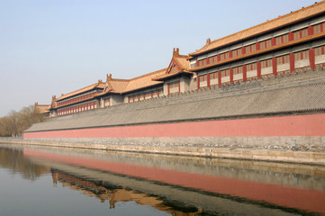Forbidden City, Beijing, China. Walls and moat as seen from outside the Forbidden City. The Forbidden City has traditional Chinese architecture. The Forbidden City is also the Palace Museum, Beijing.