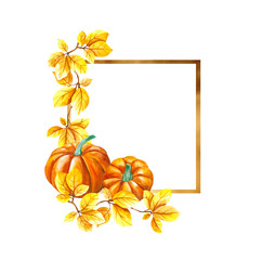 Fototapeta premium Watercolor autumn frame. Wreath made of hand drawn autumn leaves and flowers. Greeting card or Invitation.Gold texture frame