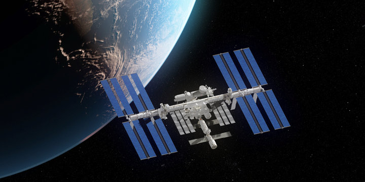 3d Rendered Illustration Of The ISS Infront Of The Earth