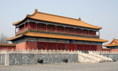 Forbidden City, Beijing, China. The sign says Hong Yi Ge: Pavilion of Spreading Righteousness. The Forbidden City has traditional Chinese architecture. The Forbidden City is the Palace Museum, Beijing