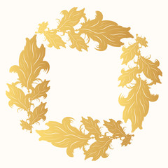 Hand drawn golden indian style feather frame. Tribal ethnic background. Gold Scandinavian wedding border.