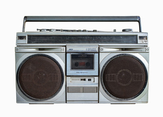 old retro radio cassette recorder on white background