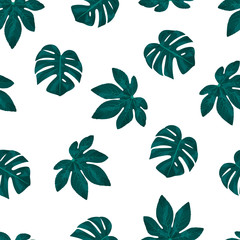 Obraz premium Hand drawn monstera and aralia leaves pattern. Tropical leaf background. Vector isolated foliage wallpaper illustration. Texture for wrapping paper or textile.