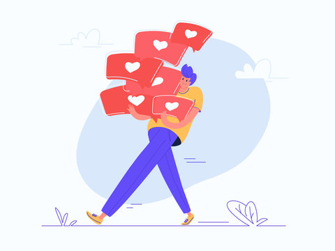 Young man carrying heavy speech bubbles with heart symbols of social media. Flat modern concept vector illustration of online networking. Casual design on white background