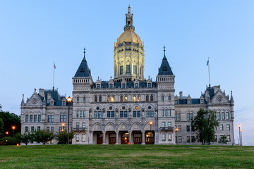 Fototapeta na wymiar Connecticut State Capitol Building with lights turned on after sunset