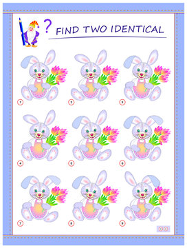 Logical puzzle game for little children. Need to find two identical rabbits. Educational page for kids. IQ training test. Printable worksheet for textbook. Back to school. Vector cartoon image.