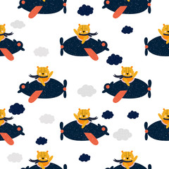 Cartoon  tiger flies on airplane, animal pilot, childish vector illustration, seamless pattern. Design for fabric, wrapping, textile, wallpaper, apparel. Vector illustration..