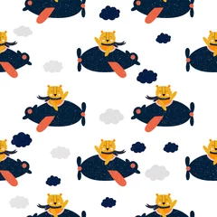 Wallpaper murals Animals in transport Cartoon  tiger flies on airplane, animal pilot, childish vector illustration, seamless pattern. Design for fabric, wrapping, textile, wallpaper, apparel. Vector illustration..