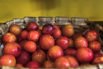 Plums in a basket in a local market from local agriculture in the Basque Country