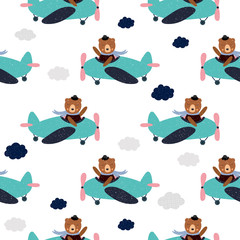 Cartoon  bear flies on airplane, animal pilot, childish vector illustration, seamless pattern. Design for fabric, wrapping, textile, wallpaper, apparel. Vector illustration..
