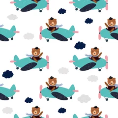 Wallpaper murals Animals in transport Cartoon  bear flies on airplane, animal pilot, childish vector illustration, seamless pattern. Design for fabric, wrapping, textile, wallpaper, apparel. Vector illustration..