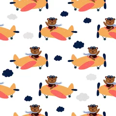 Wallpaper murals Animals in transport Cartoon  monkey flies on airplane, animal pilot, childish vector illustration, seamless pattern. Design for fabric, wrapping, textile, wallpaper, apparel. Vector illustration.
