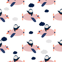 Cartoon  penguin flies on airplane, animal pilot, childish vector illustration, seamless pattern. Design for fabric, wrapping, textile, wallpaper, apparel. Vector illustration..