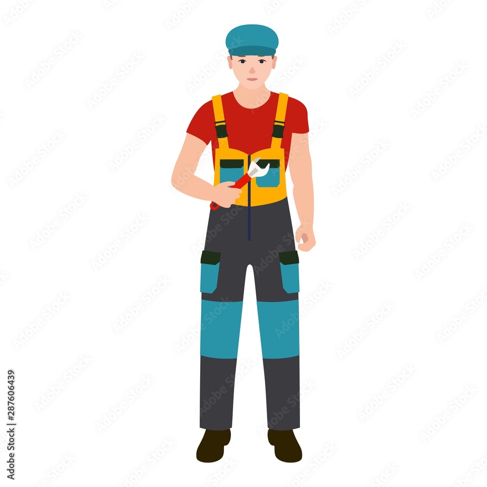 Poster worker man with key tool icon. flat illustration of worker man with key tool vector icon for web des