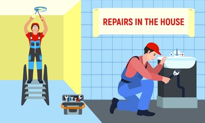 Repairman in house concept banner. Flat illustration of repairman in house vector concept banner for web design