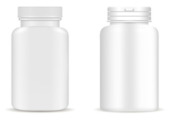 Supplement Bottle. Pill Bottle Mockup. Medicine Jar. White Vector Plastic Package Design. 3d Medical Container Blank. Vitamin Tablet Box. Pharmaceutical Capsule Can Illustration Collection