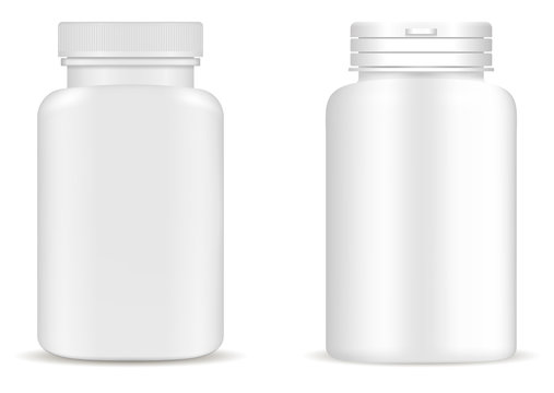 Supplement Bottle. Pill Bottle Mockup. Medicine Jar. White Vector Plastic Package Design. 3d Medical Container Blank. Vitamin Tablet Box. Pharmaceutical Capsule Can Illustration Collection
