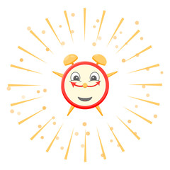 A joyful cartoon alarm clock emits rays of light in different directions. Vector illustration on a white background.