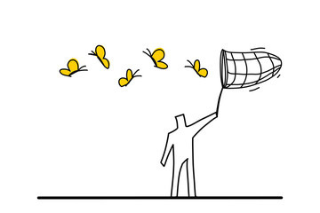 Outdoor activity concept. A man is trying to catch up butterflies with a net.