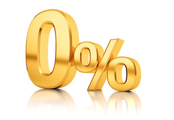 3d render illustration. Golden zero percent on a white background. Illustration for advertising.