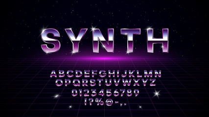 Retrowave synthwave vaporwave font in 1980s style. Retrowave design letters, numbers, symbols and set of lens flare on dark background with laser grid in starry space. Eps 10