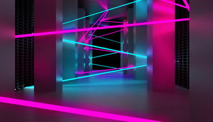 Background of empty room with concrete pillars, blue and pink neon lights, spotlight, smoke