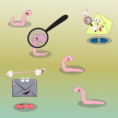 set of vector cartoon characters worm, pyramid and envelope show different emotions on a colorful background.