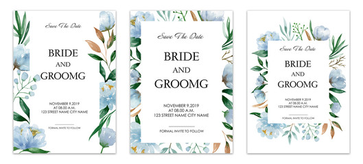 Floral Blue Wedding invitation card collection, Handdraw watercolor style. 