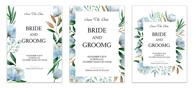 Floral Blue Wedding invitation card collection, Handdraw watercolor style. 