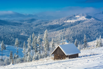 Wooden house on a hill covered with snow