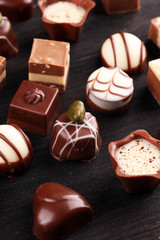 a lot of variety chocolate pralines, belgian confectionery gourmet chocolate.