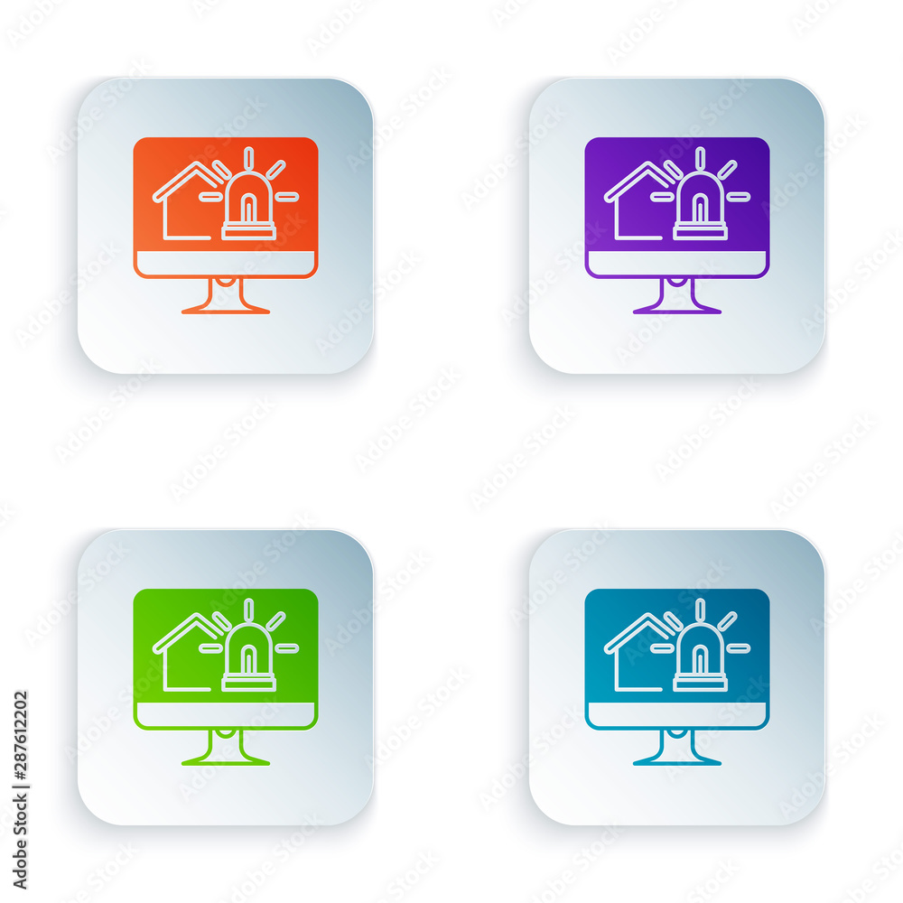 Poster color computer monitor with smart house and alarm icon isolated on white background. security system