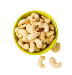 cashew nuts in a bowl isolated on white background