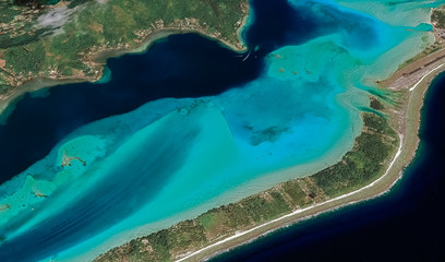 Landscape of the coast of the resort island of Bora Bora from a bird's eye view