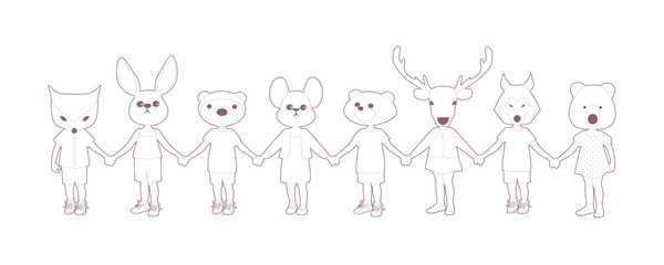 Eight children holding hands, with animal heads, isolated on white background
