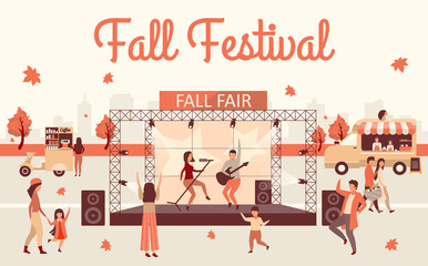 Fall festival flat illustration. Autumn harvest and Thanksgiving day event advertising poster. Fall fair lettering. Rock fest, carnival with street food truck. Musicians on stage cartoon characters