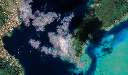 Landscape of the coast of the resort island of Bora Bora from a bird's eye view
