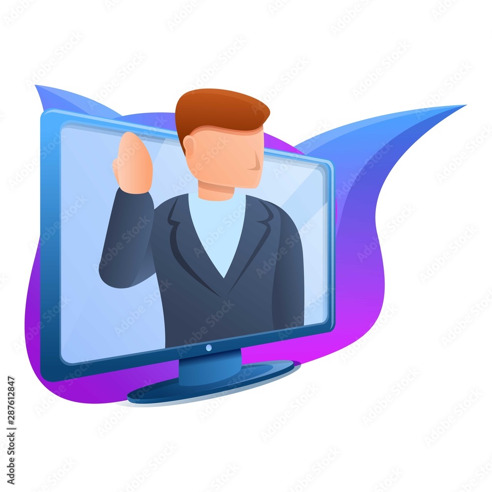 Poster man in monitor icon. cartoon of man in monitor vector icon for web design isolated on white backgrou