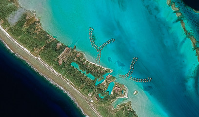 Landscape of the coast of the resort island of Bora Bora from a bird's eye view