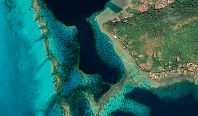 Fototapeta na wymiar Landscape of the coast of the resort island of Bora Bora from a bird's eye view